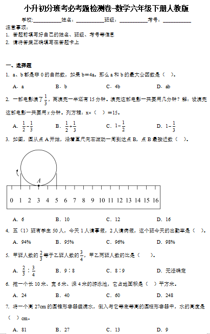小升初检测卷（试题）2023-2024学年六年级下册数学人教版