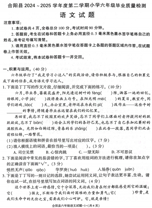 陕西省渭南市合阳县2024-2025学年六年级下学期6月期末语文试题 陕西省渭南市合阳县2024-2025学年六年级下学期6月期末语文试题