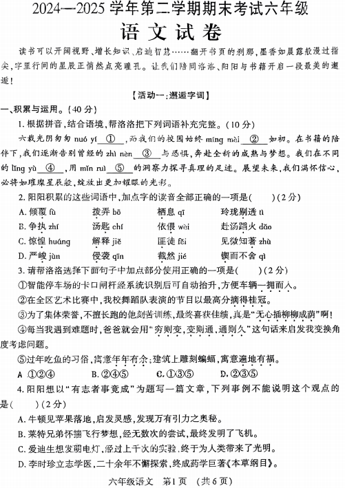 河南省洛阳市瀍河回族区2024-2025学年六年级下学期期末语文试卷