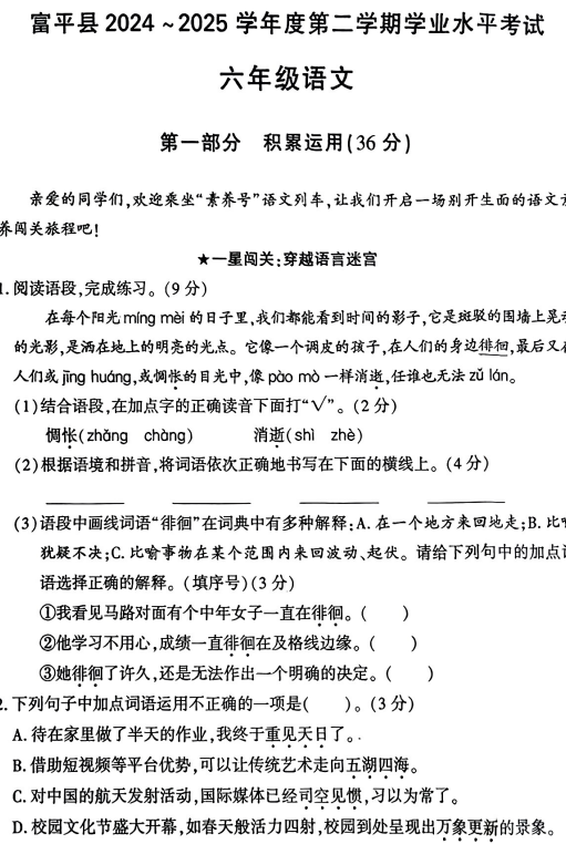 陕西省渭南市富平县2024-2025学年六年级下学期期末语文试题 陕西省渭南市富平县2024-2025学年六年级下学期期末语文试题
