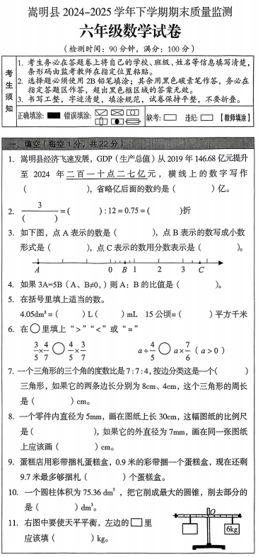 云南省昆明市嵩明县2024-2025学年六年级下学期期末质量监测数学试卷